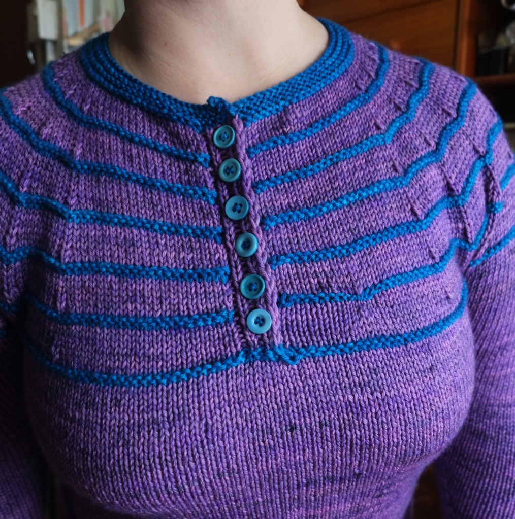 A purple hand knitting jumper with blue stripes in the yoke. There is a button placket with six blue buttons of various styles.